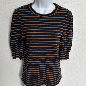 Lucky Brand Black and Brown Striped Puffed Sleeve Blouse Size Medium